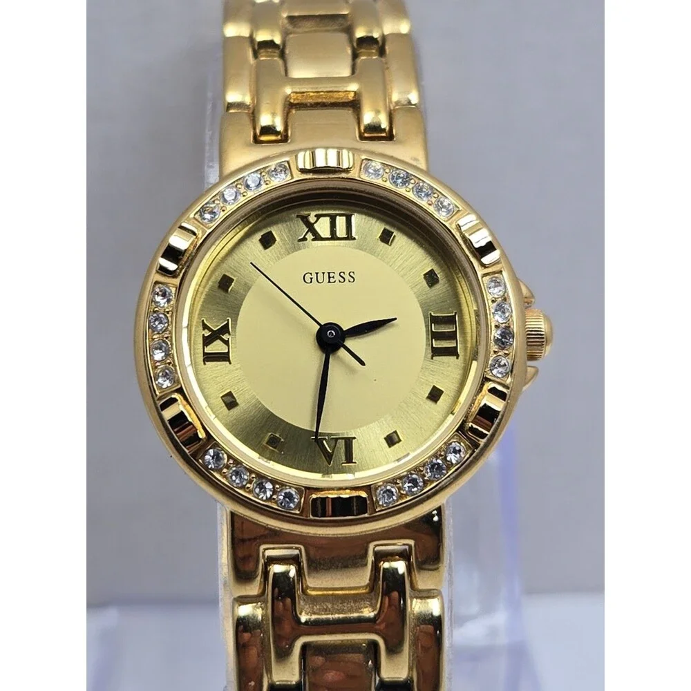 Vintage Guess Womens Gold Tone Crystal Bezel Watch New Battery Dainty Petite